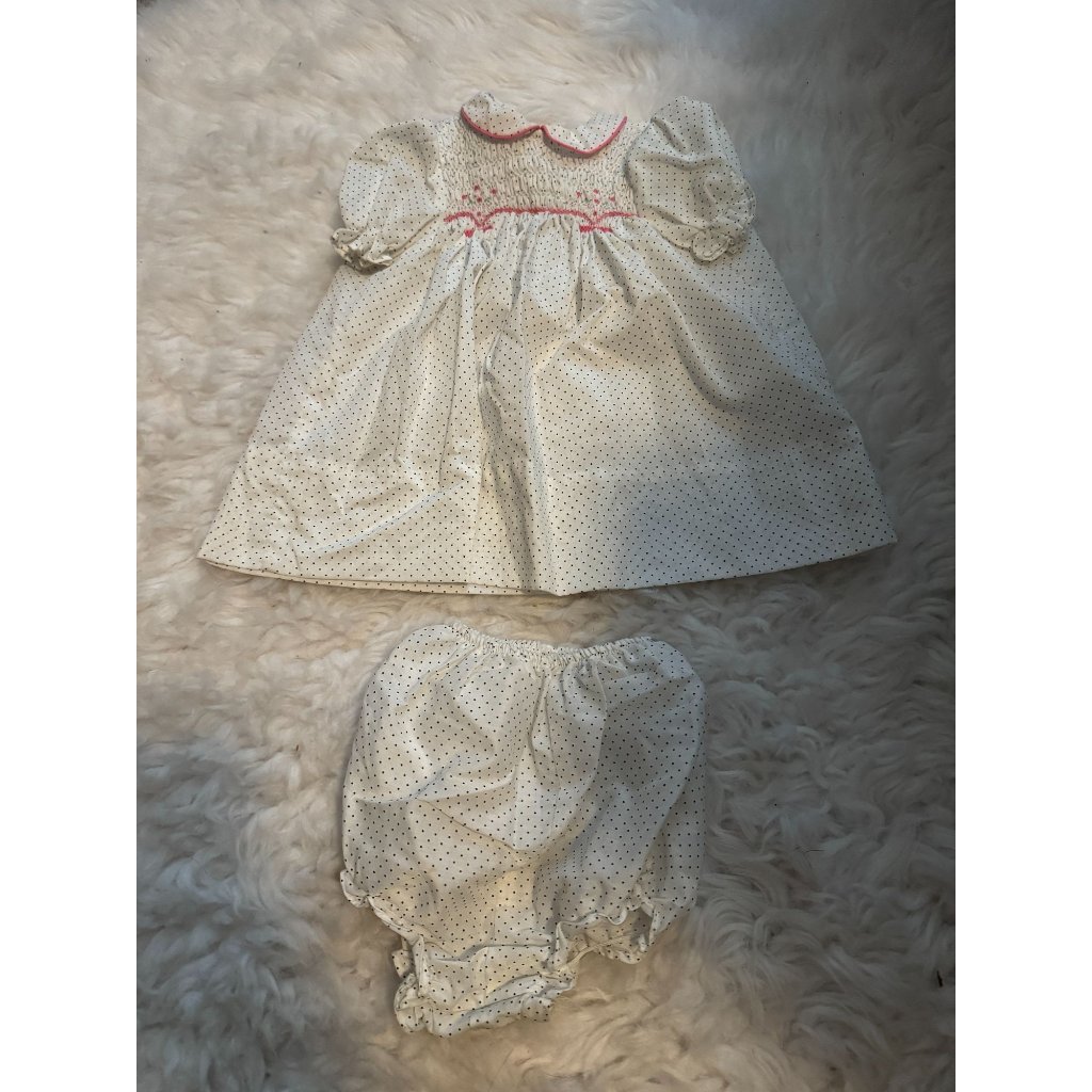 Vintage Polly Flinders Smocked Polka Dot Dress And Bloomers Set Size 18 Months